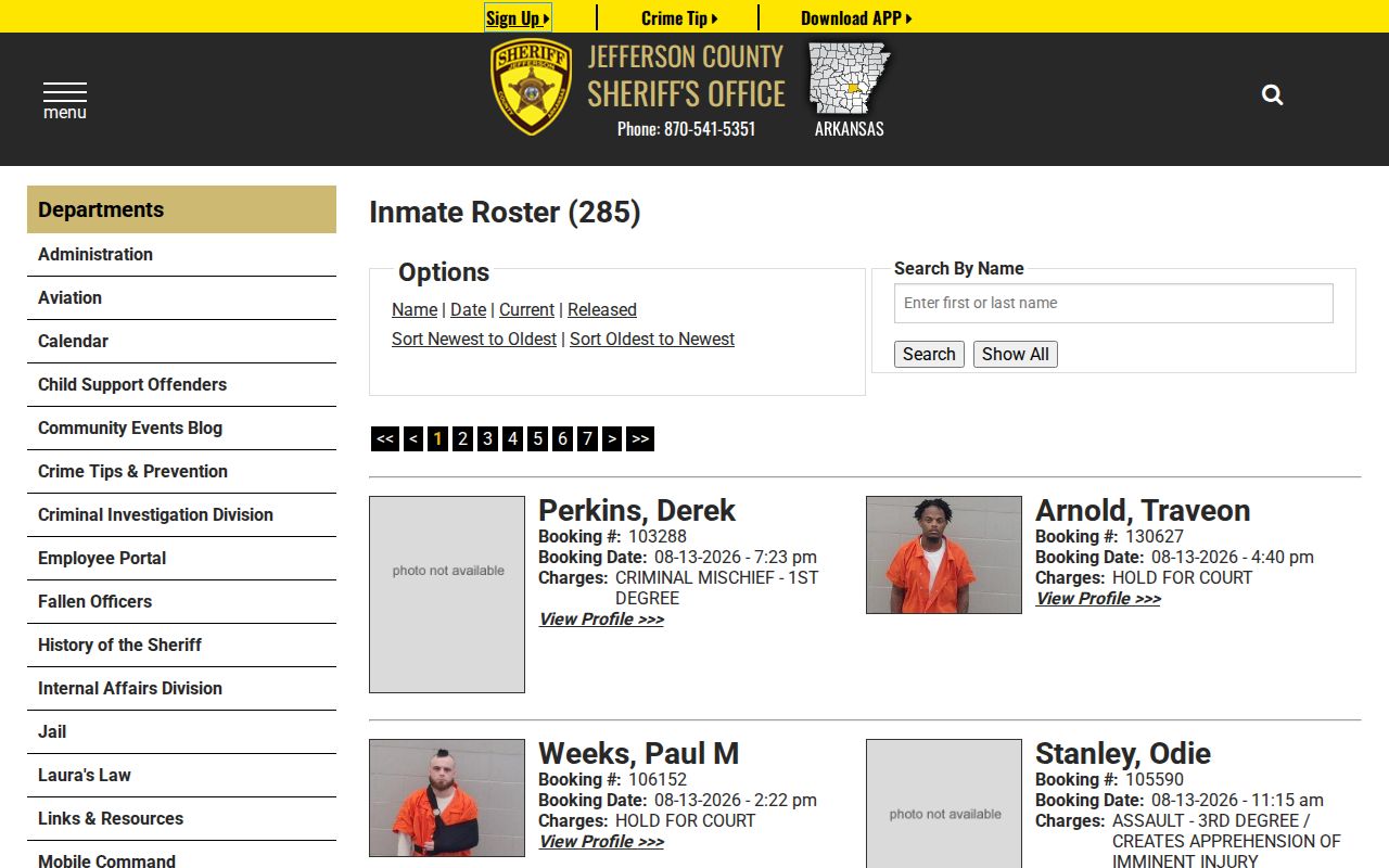 Jefferson County current inmate booking search form
