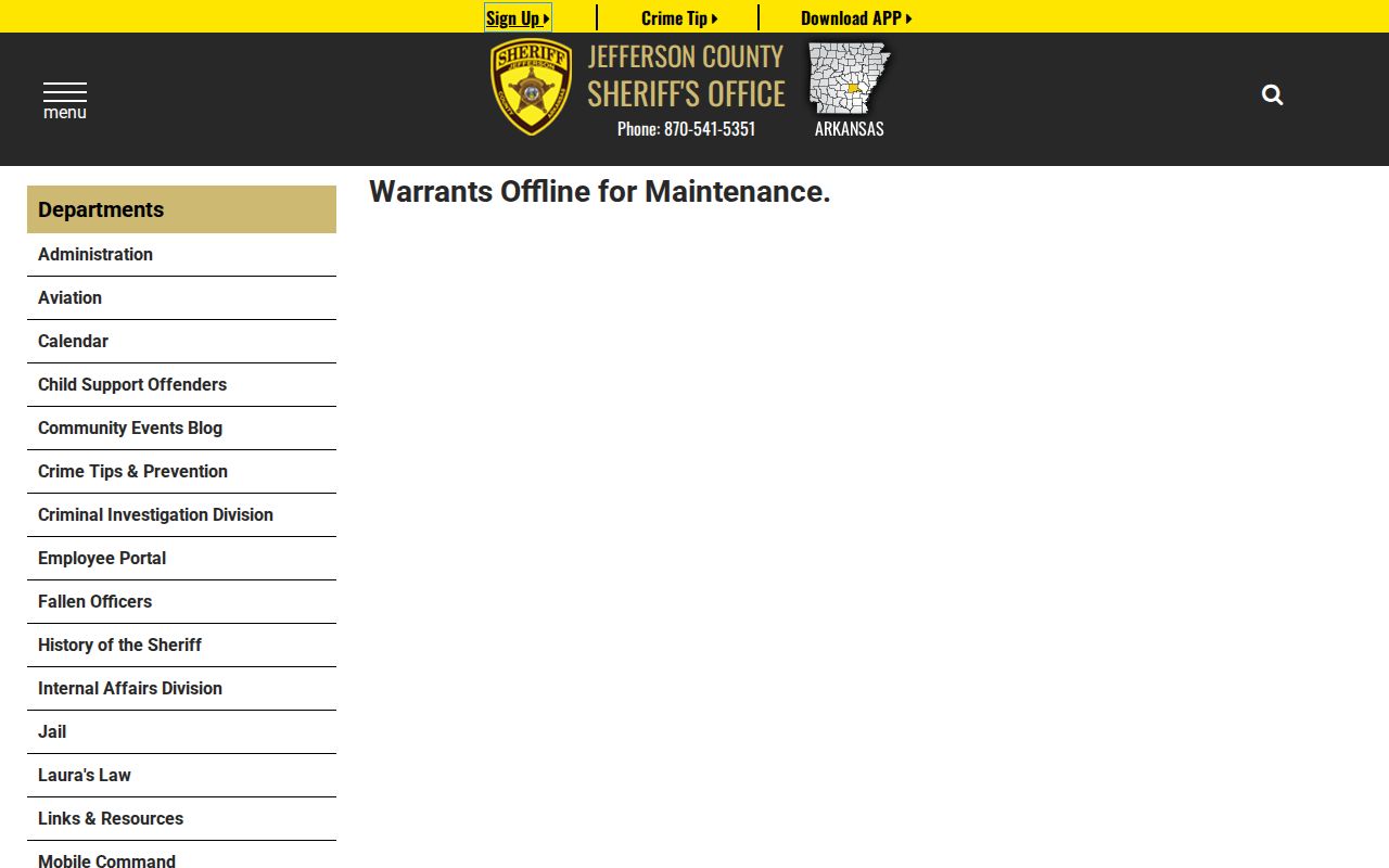 Jefferson County warrant record portal maintenance interface