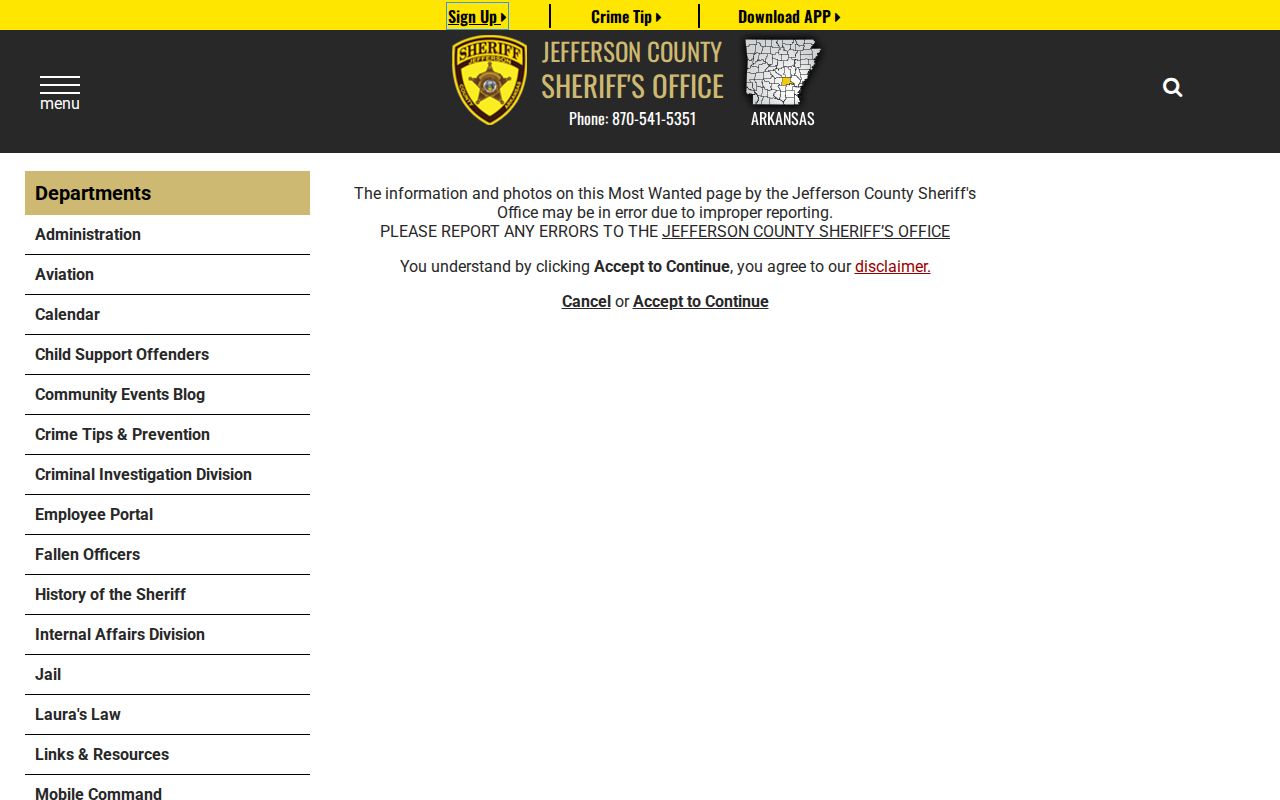Jefferson County Sheriff's Most Wanted official disclaimer and record entry