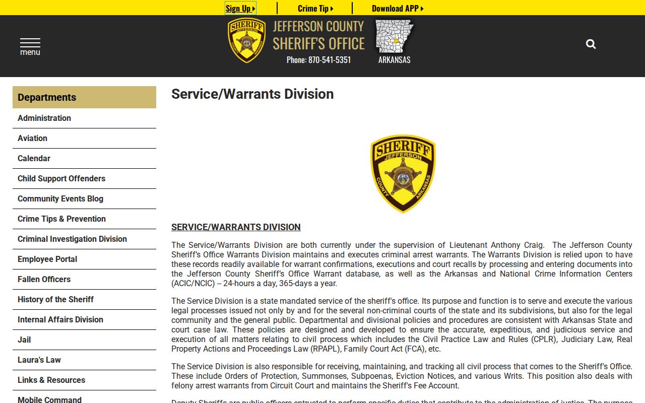 Jefferson County Sheriff's Office warrant record division page