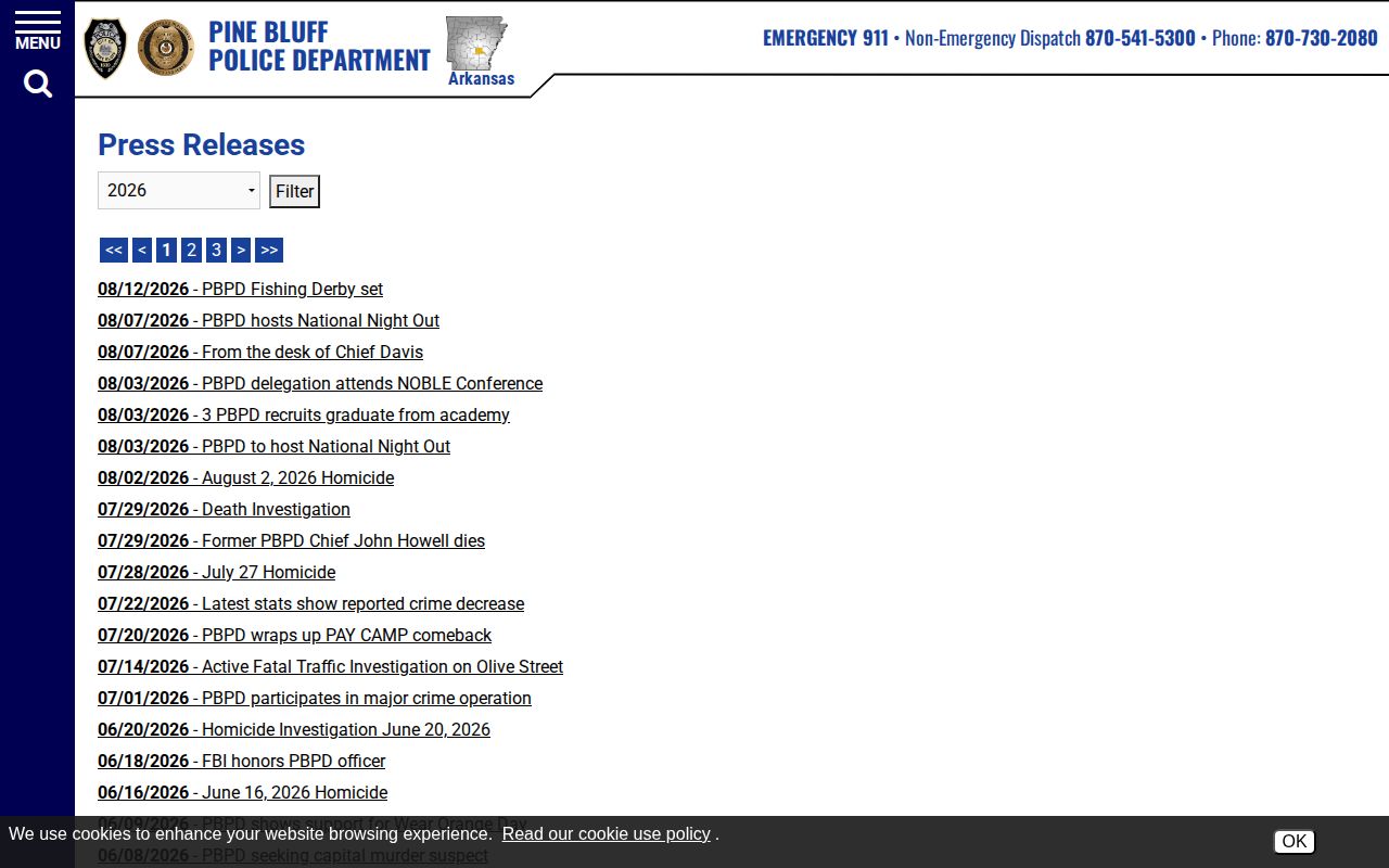 Pine Bluff Police Department official arrest and press release page