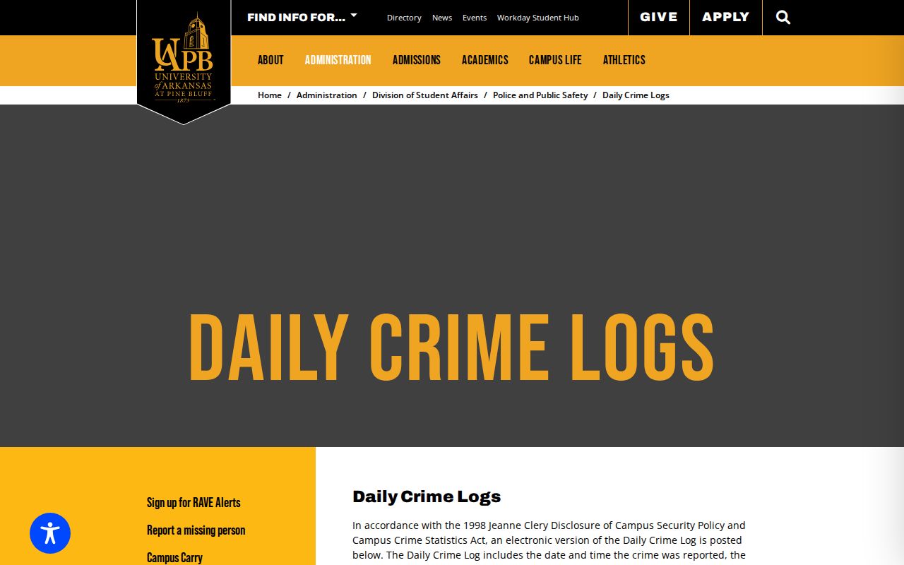 UAPB Police daily crime log access for Pine Bluff incident records