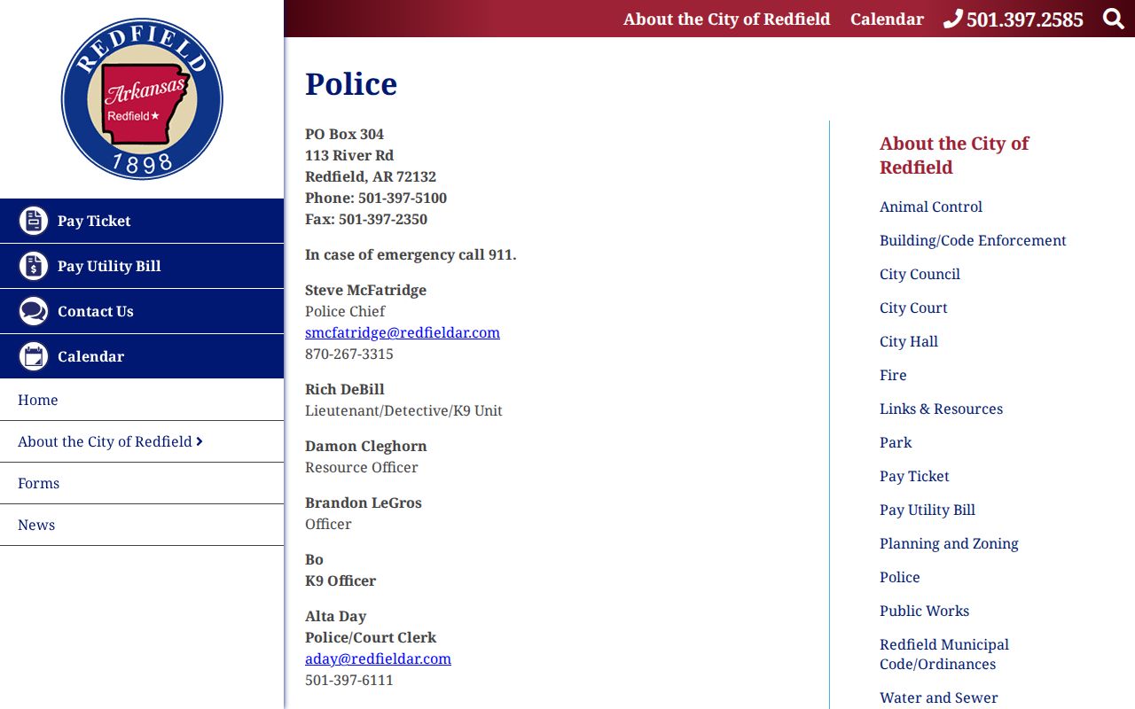 Redfield Police Department official contact page for arrest records